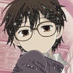 an anime character wearing glasses with stars in the sky behind him and looking at the camera