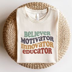 Teacher Shirt, Believer, Motivator, Innovator, Educator Team TShirt, Cute Back to School, Teacher Gift Tee, Elementary Middle Teacher Shirts More Education Styles Here: https://www.etsy.com/shop/TheGraphicPeach?ref=seller-platform-mcnav§ion_id=34195008 For environmental and human friendly reason, this product is only made when you order. Turnaround time is usually 1-5 business days before shipping, but can increase during holiday periods. Our professional printers always strive to ship as quickl Team Tshirt, School Shirt Designs, Education Shirts, Teaching Outfits, Teaching Shirts, Middle School Teachers, School Teacher Gifts, Teacher Outfit, Teacher Style