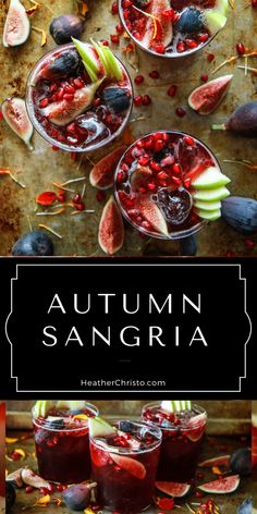 autumn sangria with fruit and berries in glasses on a wooden table, surrounded by sliced figs