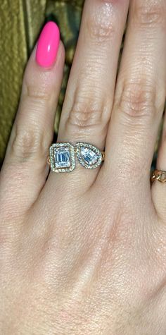 Metal: 14kt Yellow Gold Stone: Diamond Stone Shapes: Baguette And Round                                                                                                                                              Diamond Weight: .55 ctw Halo Diamond Ring, Diamond Stone, Pear Shaped, Halo Diamond, Rings Statement, Sapphire Ring, Round Diamonds, Pear, Halo