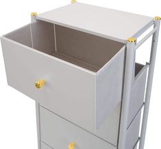 a white and gold storage cart with two drawers on one side and an open drawer on the other