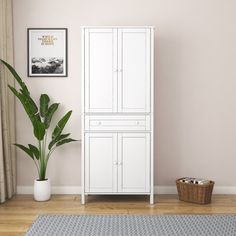 a white cabinet sitting next to a potted plant