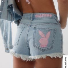 Playboy By Pacsun Pink Bunny High Waisted Festival Denim Short The New Playboy By Pacsun Collection Brings A Pop Of Color To Your Next Look With The Pink Bunny High Waisted Festival Denim Shorts. These Classic High-Rise Shorts Have A Classic Light Blue Wash With A Frayed Hem And Pink Playboy Bunny Graphics Throughout. Fit+ Sizing High Rise 10.5” Rise 2.5 Inseam Fabrication + Care Light Blue Wash Zip Fly Closure 5 Pocket Body Frayed Hem 100% Cotton Machine Washable These Jean Shorts Are Sold Out Y2k High Waist Summer Jeans, Y2k High Waist Summer Bottoms, High Waist Y2k Summer Bottoms, High Waist Y2k Bottoms For Summer, Y2k Style Short Jeans For Summer, Y2k Style Short Summer Jeans, Y2k Jean Shorts For Summer, Y2k Style Jean Shorts For Summer, Summer Y2k Jean Shorts