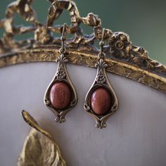 Semi-precious Stone Earrings on a Vintage Victorian Base in Antiqued S | Ragtrader Vintage Rhodonite Jewelry, Tiger Eye Earrings, Mineral Jewelry, Oxidized Brass, Natural Stone Jewelry, Onyx Earrings, Cabochons Stones, Agate Jewelry, Eye Earrings