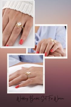 three different pictures of women's hands with red nail polishes and gold rings