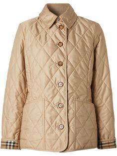 Beige diamond-quilted jacket from BURBERRY featuring diamond quilting, classic collar, front button fastening, long sleeves, belted cuffs, two front patch pockets, straight hem and Vintage Check-pattern lining. This item is in size XS and the color is Beige Husband Fashion, Burberry Quilted Jacket, Chic Outerwear, Chic Quilts, Womens Chinos, Outer Women, Fall Fashions, Fantasy Wardrobe, Beige Jacket