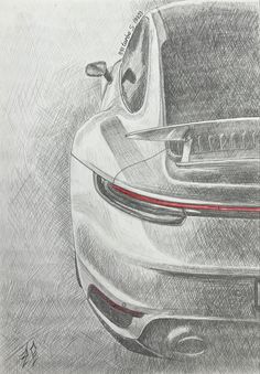 a pencil drawing of the rear end of a car