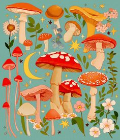 a painting of mushrooms and flowers on a green background