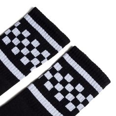 Black athletic socks with two white stripes and checkers in between. For men, women and kids. Black Knee-high Socks For Winter Streetwear, Casual Black Knee-high Socks, Black Socks For Winter Streetwear, Black Socks For Streetwear In Winter, Trendy Black Cotton Knee-high Socks, Black Cotton Knee-high Socks For Winter, Casual Black Knee-high Socks For Streetwear, Black Socks For Streetwear, Retro Cotton Socks For Winter