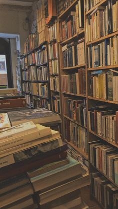 the bookshelves are full of many different types of books