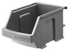 a gray plastic bin with the lid open and two handles on each side, sitting in front of a white background