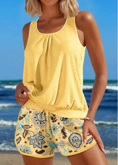 Color:Light Yellow;Size:S;Size:M;Size:L;Size:XL;Size:XXL;Package Contents:1 X Top , 1 X Shorts;Occasion:Sport; Polyvore Outfits Summer, Yellow Tankini, Elegant Dresses Plus Size, Beach Outfit For Women, Beach Bridesmaid Dresses, Summer Items, Fall Fashions, Swimwear Suits, Travel Clothes