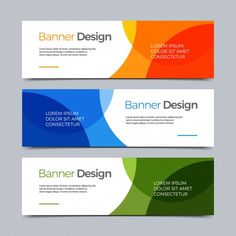 three banners with different colors and shapes on the same page, each one has an abstract design