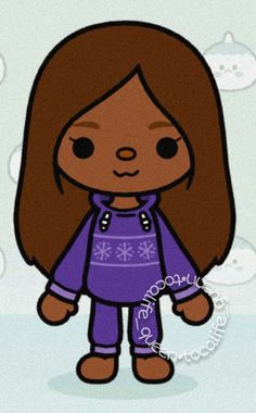 a cartoon girl with brown hair wearing purple pajamas and standing in front of snowflakes