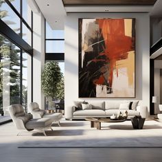 a living room filled with lots of furniture and large painting on the wall above it