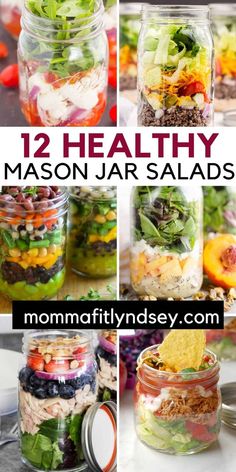 mason jar salads with the title overlay that reads, 12 healthy mason jar salads