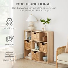 a living room with white walls and wooden furniture, including baskets for children's toys