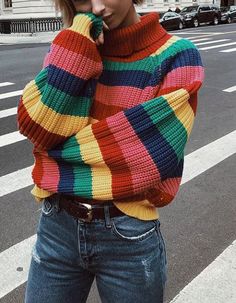 Material: Polyester US Size: One size (suitable for S, M, L, XL, XXL) Item Type: Sweater Color: Photo Color Gender: Women Rainbow Sweater, Pullover Outfit, Stripe Outfits, Style Goals, Striped Turtleneck, Oversized Pullover, Moda Vintage, Knit Outfit, Cool Clothes