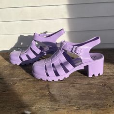 Cute Pastel Purple Heeled Fisherman Rubber Jelly Sandals Women’s Size 7 Brand New, Perfect Condition, Never Got Around To Wearing Them! Trendy Jelly Sandals With Ankle Strap And Buckle, Trendy Ankle Strap Jelly Sandals With Buckle, Casual Purple Heels, Casual Jelly Sandals With Block Heel For Spring, Spring Casual Jelly Sandals With Block Heel, Purple Ankle Strap Sandals For The Beach, Purple Open Toe Heels With Buckle Closure, Casual Purple Round Toe Heels, Summer Beach Jelly Sandals With Block Heel