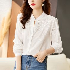 Women's Elegant Shirt 100% Cotton V-neck Embroidered Hollow Out Long Sleeve White Shirt Elegant Embroidered Cotton V-neck Top, Casual Blouse With Floral Embroidery Collar, Casual Embroidered Collared Tops, Casual V-neck Top With Floral Embroidery, Casual V-neck Shirt With Floral Embroidery, Cotton V-neck Blouse With Floral Embroidery, Casual Embroidered Collar Blouse, V-neck Shirt With Floral Embroidery For Spring, Casual Embroidered V-neck Top