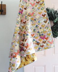 a close up of a quilt hanging from a hook on a door way with a potted plant in the background