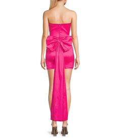 Allison & Kelly Strapless Taffeta Bow Back With Detachable Train Mini Dress | Dillard's Satin Stretch Dress With Back Zipper, Satin Stretch Dress With Ruched Bodice, Stretch Satin Dress With Ruched Bodice, Strapless Satin Dress With Boning, Pink Taffeta Cocktail Dress, Fitted Taffeta Mini Dress, Glamorous Fitted Dress With Detachable Train, Fitted Strapless Taffeta Dress, Strapless Satin Mini Dress With Boning