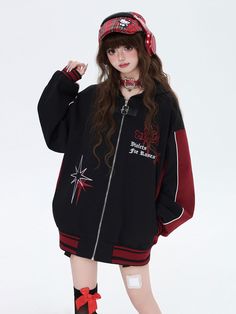 Step into the world of whimsical fashion with our Black and Red Kitty Ears Hooded Baseball Jacket. This charming outerwear piece features a playful colorblock design that effortlessly combines black with red. The jacket is equipped with a convenient zip closure. One of the standout features of this jacket is the adorable hood adorned with kitty ears, adding a touch of kawaii charm to your outfit. The front of the jacket showcases intricate embroidery, adding a sophisticated and unique element to Black Punk Hoodie Outerwear, Black Emo Hoodie For Winter, Emo Winter Outerwear For Streetwear, Black Harajuku Style Cotton Outerwear, Black Cotton Harajuku Outerwear, Black Punk Style Hooded Jacket, Black Emo Outerwear For Streetwear, Black Harajuku Hoodie For Winter, Black Harajuku Style Hoodie