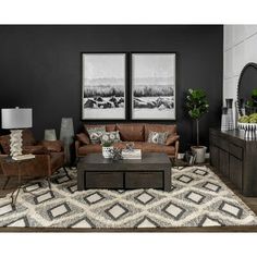 a living room with two couches, a coffee table and pictures on the wall