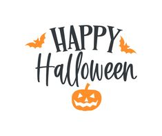 happy halloween lettering with pumpkins and bats on white background for print or web design