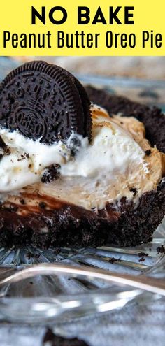 no bake peanut butter oreo pie on a glass plate with a spoon and fork