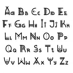 the alphabet is black and white with letters in different styles, including one for each letter