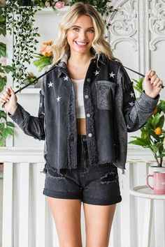 The Star Embroidered Hooded Denim Jacket is a trendy and playful addition to your wardrobe. With its star embroidery and hooded design, this jacket adds a touch of whimsy and uniqueness. Made from high-quality denim, it is durable and stylish. The star embroidery adds a fun and eye-catching element. Whether you wear it with jeans for a casual look or layer it over a dress for a more edgy vibe, the Star Embroidered Hooded Denim Jacket is a versatile and fashionable choice. Embrace the playful tre Casual Cotton Outerwear With Star Patch, Long Sleeve Denim Jacket With Star Print, Winter Denim Outerwear With Star Print, Trendy Denim Outerwear With Star Print, Trendy Denim Star Print Outerwear, Casual Winter Denim Jacket With Star Print, Casual Denim Jacket With Star Print, Casual Denim Jacket With Star Print For Winter, Fall Denim Jacket With Star Patch And Long Sleeves