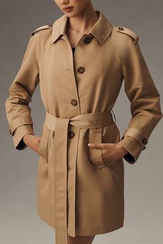 Polyester; polyester lining Side slant pockets Button front Spot clean Imported | Belted Trench Coat Jacket by Ellen Tracy in Beige, Women's, Size: Largearge, Polyester at Anthropologie Double-breasted Gabardine Outerwear For Work, Fall Gabardine Outerwear With Button Cuffs, Gabardine Long Coat For Work, Fall Gabardine Outerwear With Hidden Button Closure, Beige Gabardine Outerwear With Double Button Closure, Single Breasted Gabardine Long Sleeve Outerwear, Solid Button-up Outerwear For Office, Solid Color Button-up Outerwear For Office, Long Sleeve Single Breasted Gabardine Outerwear