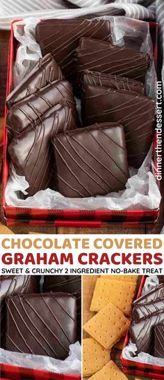 chocolate covered graham crackers in a red box with text overlay that reads, chocolate covered graham crackers sweet and crunchy 2 ingredient no - bake treat