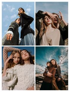 four different images of women in sweaters and dresses, one with her hands on her head