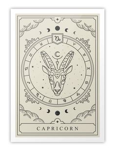 the zodiac sign for capricorn with an animal's head on it, surrounded by clouds