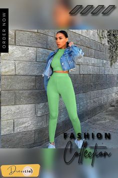 Women’s Suits Solid Long-sleeves Short Top + High-waist Skinny Pants Casual Outfits for Ladies Tracksuits Women Set Fitted Solid Color Sets For Fall, Solid Stretch Long Sleeve Sets, Non-stretch Solid Two-piece Set, Solid Non-stretch Two-piece Set, Casual Fitted Green Sets, Casual Fitted Solid Color Sets, Fitted Casual Solid Color Sets, Fitted Green Sets For Fall, High Stretch Solid Color Summer Sets