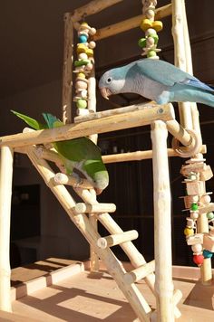 two parrots sitting on top of a ladder made out of wooden sticks and beads