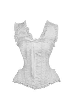 Overbust corset made of brocade and lace fabrics 10 Spiral Steel boned with 2 Flat steel bones Delicate lace detailing Ribbon tie closure at back for cinching Privacy Panel Lined Hand Wash White Fitted Corset With Lace-up Back, Lace Overbust Corset, Fitted Lace Corset Dress With Corset Back, Lace Overbust Corset With Lace Bodice, White Underbust Corset With Lace Bodice, Lace Overbust Corset For Costume Party, Lace Overbust Corset With Boned Bodice, Fitted Corset With Attached Cancan, Gothic Sleeveless Corset Wedding Dress