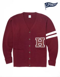 HARVARD VARSITY CARDIGAN - BURGUNDY Cotton V-neck Sweater For College, Casual Cardigan With Ribbed Cuffs For College, Collegiate Cotton Long Sleeve Cardigan, Collegiate Long Sleeve Cotton Cardigan, Brown Cotton Cardigan, Cotton Crew Neck Varsity Jacket For Fall, Winter Cardigan For College, Collegiate Long Sleeve Cardigan For College, Winter College Cardigan