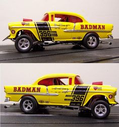 two pictures of a yellow truck with the words badman painted on it