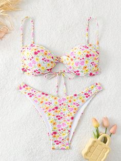 Multicolor Sexy Collar   Floral,Plants,Ditsy Floral,All Over Print  Embellished High Stretch  Women Clothing Summer Bathing Suit Outfits, Western Bikinis, Bathing Suit Outfits, Preppy Inspiration, Summer Bathing Suits, Print Swimwear