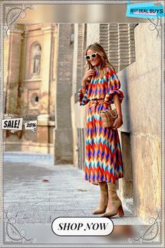 Sleeve Print Waist A-shaped Dress Plus Size Ladies Dress Trendy Fall Beach Midi Dress, Casual Knee-length Dress With Colorful Pattern, Chic Multicolor Maxi Dress For Fall, Multicolor Maxi Dress For Fall, Colorful Long Sleeve Dress For Fall, Chic Multicolor Knee-length Maxi Dress, Chic Multicolor A-line Midi Dress, Fall A-line Midi Dress For Day Out, Trendy Multicolor Dresses For Fall