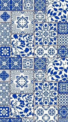 blue and white tiles with different designs