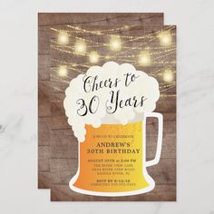 a birthday party card with a beer mug and string lights in the background that says cheers to 60 years