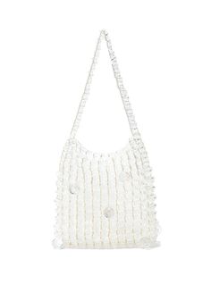 A larger version of our best-selling Caprice. The Gigi is unlike any bag out there. A beaded shoulder bag combining both clear and crystal beads, and a fine gold chain woven throughout. Exceptional in craftsmanship, but fun in looks. The Gigi is the perfect bag for beach destinations and warm weather. Clear beaded and crystal pouch, gold chain detailing. This bag has no closure or lining. 9 inches by 8 inches by 2 inches. Elegant Beaded Summer Bags, Summer Shoulder Bag With Pearl Handle For Everyday Use, Summer Party Shoulder Bag With Pearl Handle, Chic Summer Fashion Accessory Bag, Elegant Spring Beach Bag, Clear Rectangular Shoulder Bag For Summer, Beach Bags With Pearl Handle For Spring, White Beaded Bags For Summer, Trendy Beaded Bags For Spring