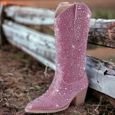 : The Cowboy Boots' Heel Height Is 9cm/3.54in. Based On The Classic Western Boots, The Upper Are Fully Inlaid With Sparkling Rhinestones And Will Be The Show-Stopper Of Any Outfit Sole Material Rubber Shaft Height Calf High Shaft Circumference 13 Inches Pink Sparkly Cowboy Boots, Glamorous High Heel Boots With Glitter Accents, Winter Party Boots With Almond Toe, Glamorous Boots With Round Toe For Party Season, Glamorous Glitter Boots With Round Toe, Glamorous Party Season Boots With Round Toe, Glamorous Round Toe Boots For Party Season, Glamorous Round Toe Boots For Parties, Glitter Heeled Boots With Round Toe For Fall