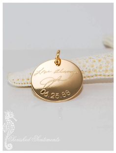 "This pendant can be engraved with handwriting or artwork you provide or in any font imaginable. * Choice of 14k yellow gold, 14k rose/pink gold or 14k white gold (white gold is NOT rhodium plated) ~ ALL SOLID 14k GOLD (not gold plated or gold filled) * Approximate diameters available: 1/2\" (13mm), 5/8\" (16mm), 3/4\" (19mm), 7/8\" (22m) or 1\" (25.4mm) ~ size guide pictured in 3rd image * .81mm thickness * Gift boxed * no chain included but includes a 14k gold jump ring so it can be added to a Handwriting Necklace, Personalized Engraved Gifts, Necklace Quotes, Jacksonville Beach, Gold Charm, Custom Engraving, Handwriting, Gold Pendant, Personalized Jewelry