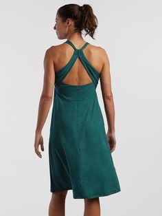 Dress With Built-In Bra: De Vivre Dress by Prana | Title Nine Fitted Dress With Adjustable Straps For Daywear, Green Stretch Dress With Tie Back, Fitted Halter Neck Daywear Dress, Fitted Halter Neck Dress For Daywear, Beach Dresses With Adjustable Stretch Straps, Cotton Halter Neck Dress With Adjustable Straps, Spring Cotton Dress With Built-in Bra, Casual Midi Dress With Built-in Bra, Casual Cotton Dress With Built-in Bra