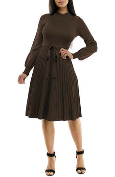 A tonal sash accentuates your figure in a long-sleeve sweater dress with a flattering fit-and-flare profile. 41 1/2" length Mock neck
 Long sleeves 78% rayon, 22% polyester Machine wash, tumble dry Imported Model stats: 5'10" height, 32" bust, 25" waist, 36" hip. Flare Sweater Dress, Daytime Dresses, Long Sleeve Sweater Dress, Sweaters And Leggings, Comfortable Dress, Jeans Dress, Sleeve Sweater, Fit & Flare, Long Sleeve Sweater